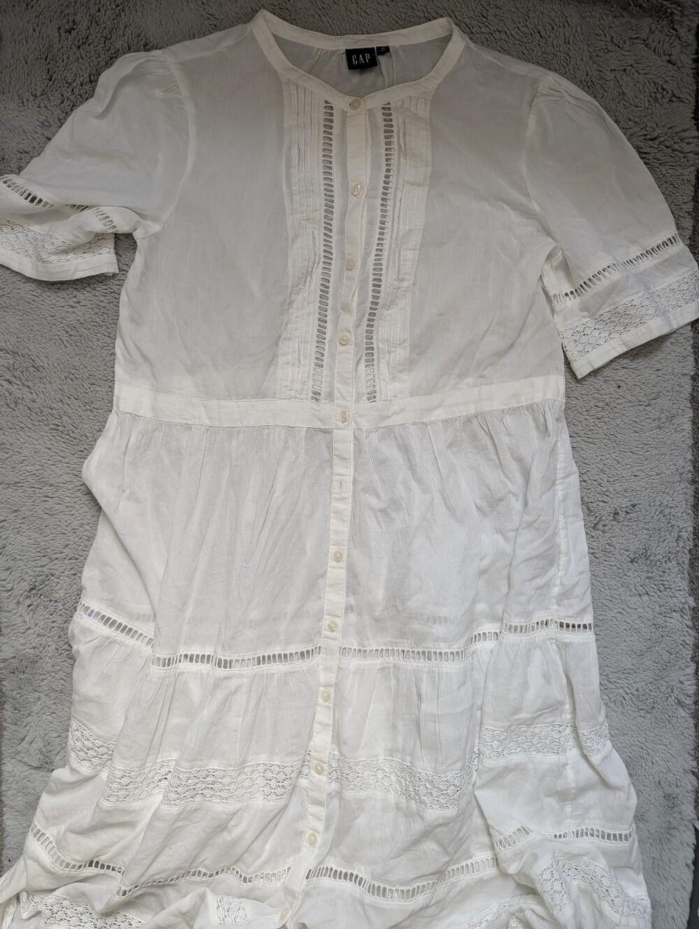 Gap White Cotton Lace Inset Tiered Midi Dress Button Front Cottagecore | XL